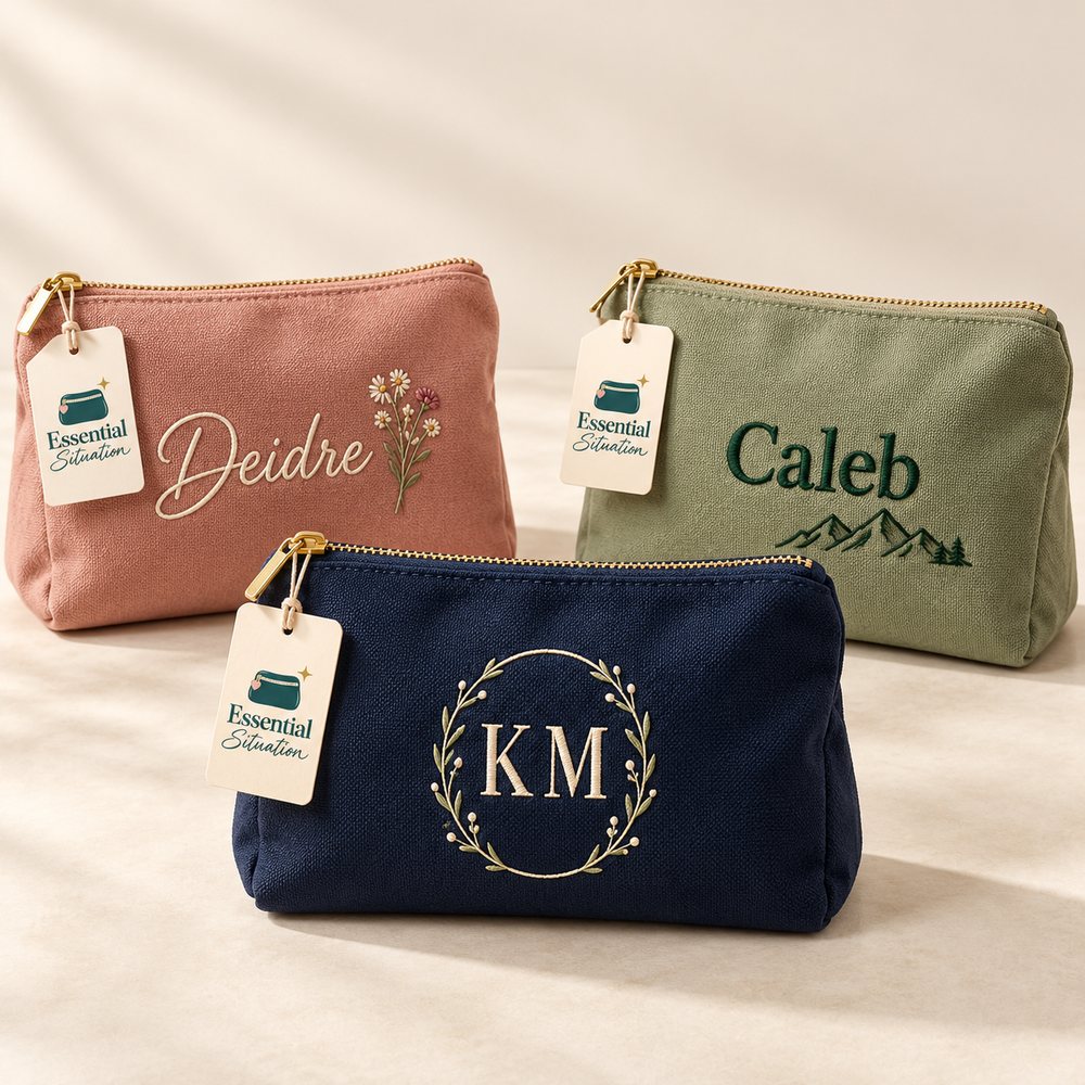Personalized embroidered pouches with names and a monogram