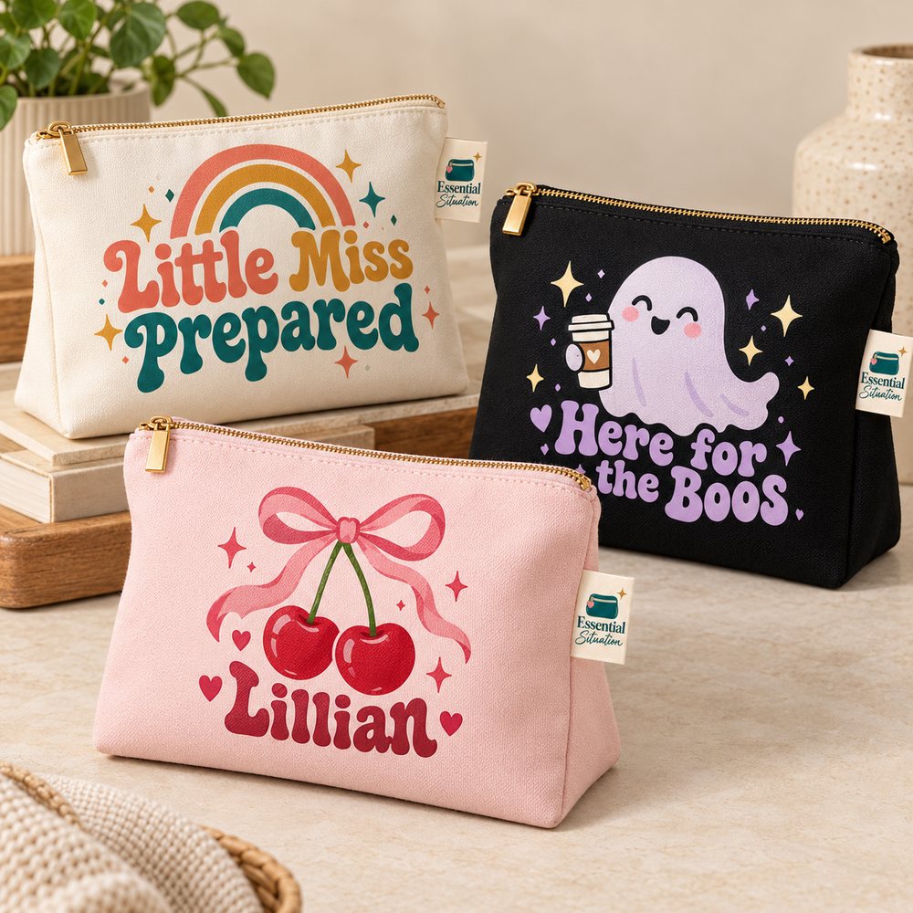 Pouches with fun printed designs and a name