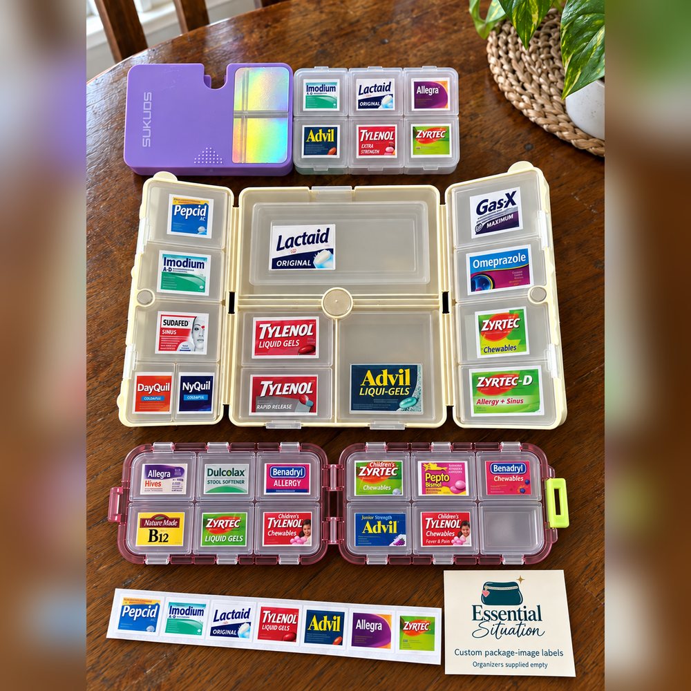 Medicine organizers in three styles with custom compartment labels